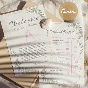Carta de bienvenida y cronograma de boda, itinerario imprimible a mano y nota para invitados, programa de eventos de boda escrito a mano, temática de vegetación