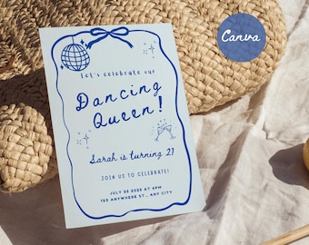 Mamma Mia Geburtstagseinladung, tanzende Königin Geburtstag, Retro Disco 21. Geburtstag einladen Vorlage, Hand gezeichnet Blau einladen griechische Party, Canva