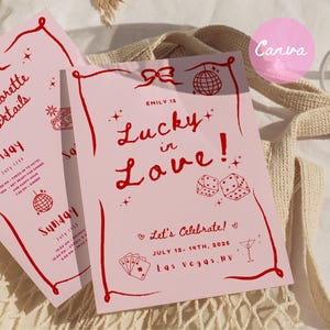 Invito per addio al nubilato Lucky in Love, invito per addio al nubilato a Las Vegas, divertente addio al nubilato a tema casinò, modello digitale disegnato a mano