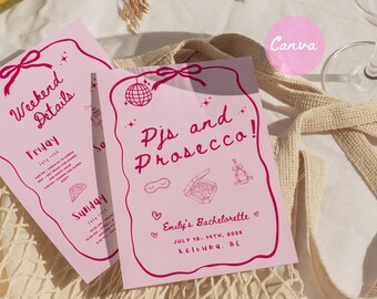PJs and Prosecco Bachelorette Invitation & Itinerary, Pink Slumber Party, Spa Day, Movie Night Bach, Editable Canva Invite, Hand drawn Bach
