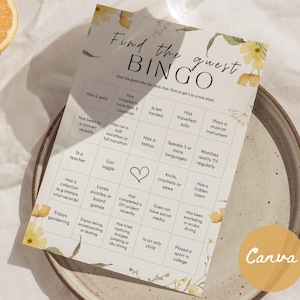 Vind de gastbingo, spel met wilde bloemen vrijgezellenfeest, ijsbreker babyshower, bewerkbare canvassjabloon, tafelspellen bruiloft, minimale gamekaart