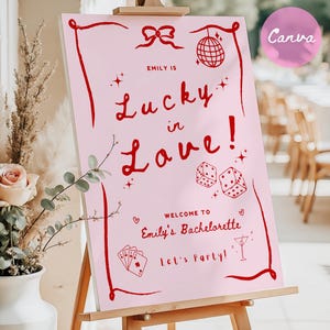 Placa de boas-vindas para despedida de solteira Lucky in Love, Placa de Las Vegas Bach, Placa divertida para despedida de solteira com tema de cassino, Modelo digital desenhado à mão, Canva