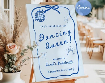 Mamma Mia Bachelorette-welkomstbord, retro disco vrijgezellenfeest bord, Dancing Queen Bach-bord, bewerkbare canvassjabloon, digitale download