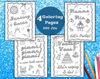 Mamma Mia Bachelorette Coloring Pages, Retro Disco, Dancing Queen Hen Party, Hand Drawn Doodles,PDF Download, Mamma Mia games, Bach activity