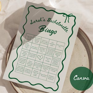 Bachelorette Bingo Game, Fun Hen Party & Pub Crawl Drinking Game, Green Wavy Hand Drawn Border, Instant Canva Download Printable Bach Game
