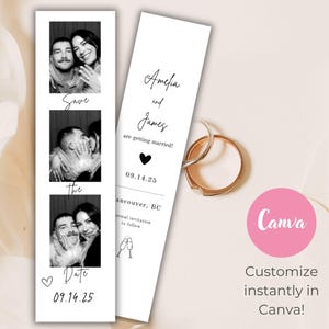 Photo Booth Strip Save the Date Vorlage, minimalistische Hochzeit Save the Date, bearbeitbare Fotostreifen Canva-Vorlage, moderne Save the Date Karte