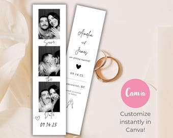 Photo Booth Strip Save the Date Template, Minimalist Wedding Save the Date, Editable Photo Strip Canva Template, Modern Save the Date Card