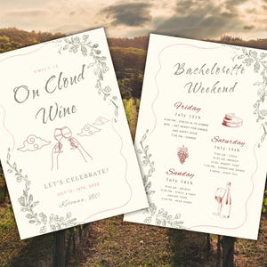 Pode incluir: Dois cartões de convite creme com tema de vinho. Um diz "On Cloud Wine" com ilustrações de taças de vinho e nuvens. O outro diz "Bachelorette Weekend" com um cronograma. Acentos florais e de videira emolduram o texto.