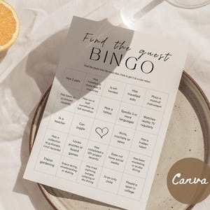 Bingo para encontrar invitados, juego minimalista para despedida de soltera, rompehielos para baby shower, plantilla editable de Canva, juegos de mesa para bodas, tarjeta de juego minimalista