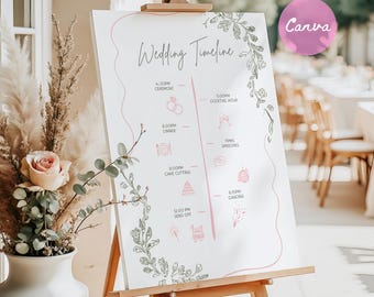 Modello di cronologia del matrimonio, cartello dell'ordine degli eventi disegnato a mano, icone illustrate, ordine del giorno divertente e stravagante, stampabile Canva modificabile