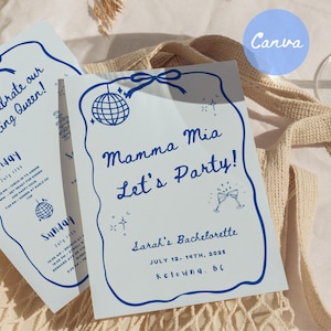 Mamma Mia Bachelorette Invitation and Itinerary, Retro Disco Bachelorette Template, Dancing Queen Hen Party, Editable Hand Drawn Blue Invite