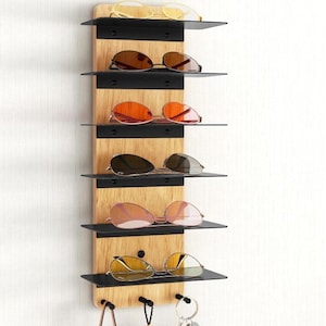Wood & Metal Sunglasses Wall Holder | Sunglasses Holder | Wooden Sunglasses Organizer | Sunglasses Shelf | Sunglasses Rack | Entryway Shelf