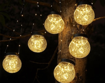 Cracked Glass Solar Lanterns, Hanging Globe Lights with Shepherd Hooks (6-Pack)