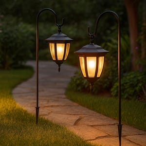May include: Two black outdoor pathway lights with a warm glow illuminate a stone path. The lights have a classic lantern design with a pointed finial and a curved pole. The lights are set in a grassy area.