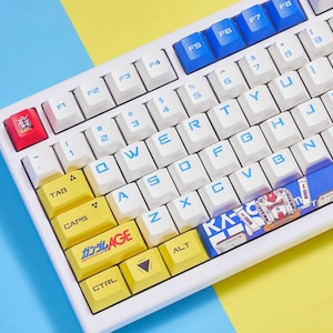 Japanese Anime Gundam Keycap Set, 126 PBT Cherry Profile Keycaps, White & Blue Mecha Aesthetic, Custom Mechanical Keyboard Keycaps