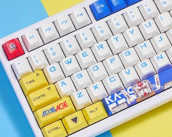 Japanese Anime Gundam Keycap Set, 126 PBT Cherry Profile Keycaps, White & Blue Mecha Aesthetic, Custom Mechanical Keyboard Keycaps