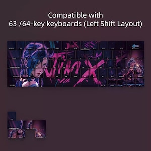 May include: Keyboard keycaps with a purple and black design featuring a character from the video game, with the text "Compatible with 63 /64-key keyboards (Left Shift Layout)".