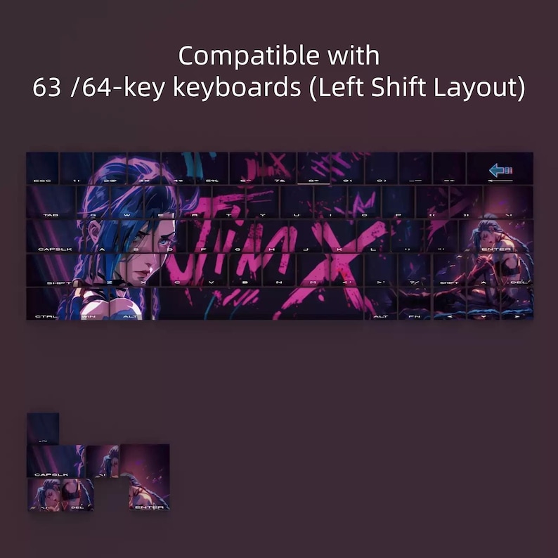 May include: Keyboard keycaps with a purple and black design featuring a character from the video game, with the text "Compatible with 63 /64-key keyboards (Left Shift Layout)".