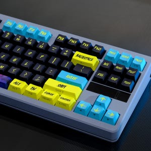 May include: A mechanical keyboard with a gray frame and black keys. The keyboard features blue and yellow accent keys with labels like "ENTER", "SHIFT", and function keys. The keycaps have a unique font.