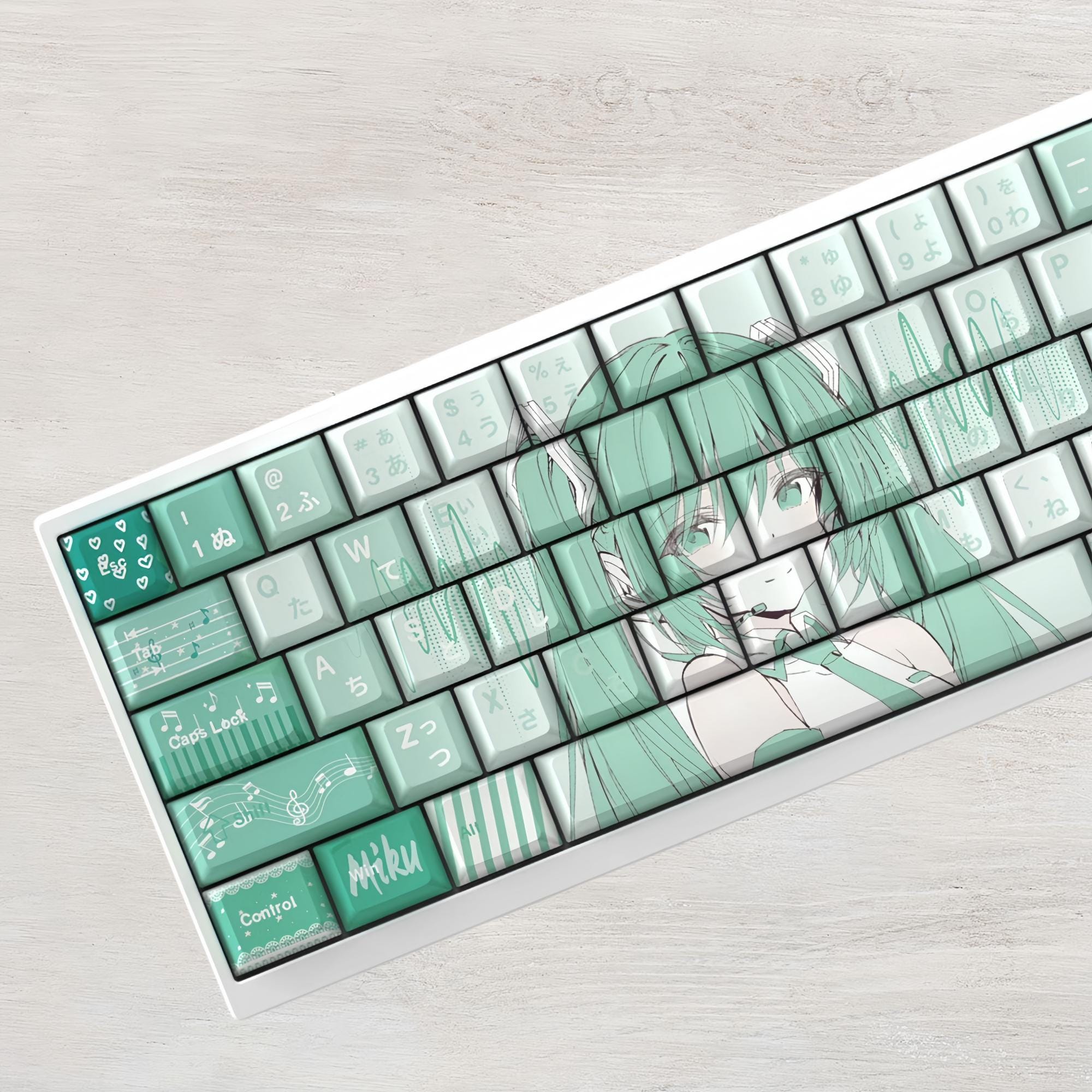 Japanese Style Hatsune Miku Minimalist Keycaps, Vocaloid Inspired, 73-Key Cherry Profile, Mechanical Keyboard Keycaps Set
