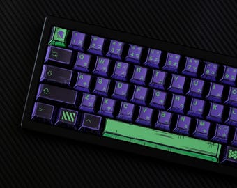 Japanese Anime EVA Unit-01 Keycap Set, 148 PBT Cherry Profile Keys, Hand-Drawn Art Style, Black & Purple Mecha Aesthetic, Custom keyboard