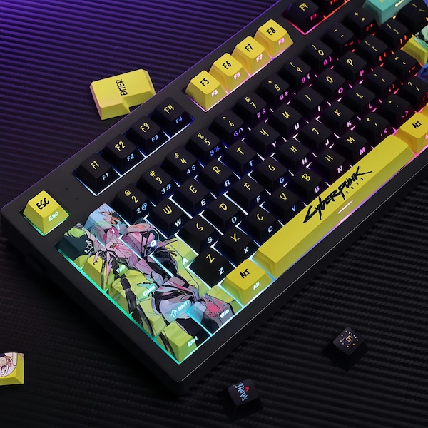 Tasti Cyberpunk&Edgerunners, doppia legenda (stampa superiore + laterale), 124 tasti PBT ASA Profile, estetica neon, tasti meccanici artigianali