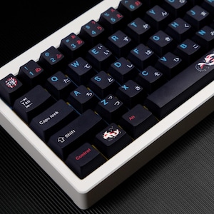 Könnte beinhalten: Nahaufnahme einer weißen mechanischen Tastatur mit dunkelblauen Tastenkappen. Die Tastenkappen zeigen japanische Schriftzeichen und englische Buchstaben in hellblauer Schrift. Einige Tasten haben Koi-Fisch-Illustrationen. Die Tastatur hat ein modernes Design.