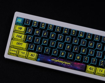 Cyberpunk  Keycap Set, 148 Keys PBT Cherry Profile, 2077 Hand-Drawn Style, Mechanical Keyboard Keycaps, Artisan Keycaps, Neon Aesthetic