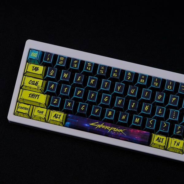 Set di tasti Cyberpunk, 148 tasti PBT Cherry Profile, 2077 stile disegnato a mano, tasti per tastiera meccanica, tasti artigianali, estetica neon