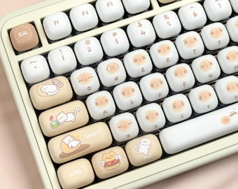 Bread Cat Keycap Set, MOG 134 Keys PBT, Round Mechanical Keyboard Keycaps, Artisan Keycaps, Food Theme, Typing with Nail Art