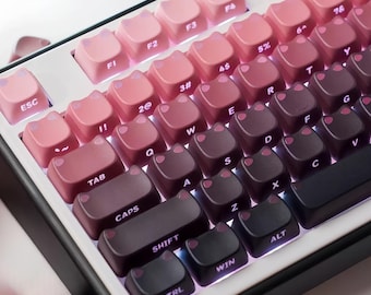 Blackberry Cat Keycap Set – Black & Pink Gradient Side-Printed Keycaps, Translucent Cat Ear Keys, 113 Keys PBT MAO Profile