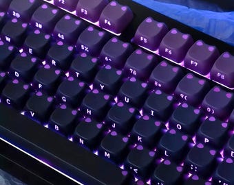 Midnight Orchid Cat Keycap Set – Black & Purple Gradient Side-Printed Keycaps, Translucent Cat Ear Keys, 113 Keys PBT MAO Profile