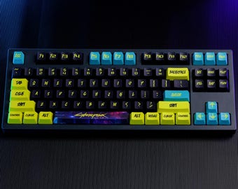 Cyberpunk 2077 Classic Keycaps, 148 Keys PBT OEM Profile, Neon Aesthetic, Artisan Mechanical Keycaps