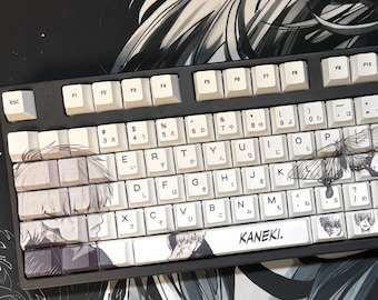 Tokyo Ghoul Anime Japanese Style Keycaps Set, Kaneki Ken Theme, One-Eyed Ghoul Vibes, 99 Keys PBT Cherry Profile, Dark Tokyo Keyboards