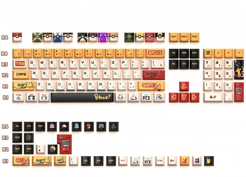Puede incluir: Un teclado con tem&aacute;tica de Pokemon. Las teclas son blancas con letras negras y presentan varios personajes de Pokemon. El teclado tambi&eacute;n incluye una barra espaciadora con la palabra "Pokemon" impresa en ella.