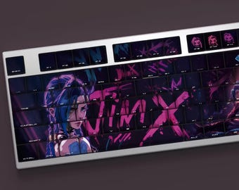 Jinx-Inspired Side-Printed Keycaps, PBT Cherry Profile, Compatible Multi Layouts, League of Legends Aesthetic, Artisan Mechanical Keycaps