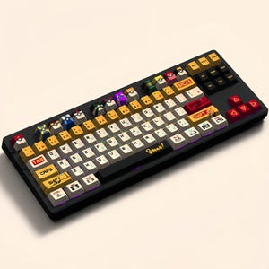 Puede incluir: Un teclado mec&aacute;nico negro y amarillo con teclas personalizadas que representan personajes de Pokemon. El teclado tiene un marco negro y una banda de acento p&uacute;rpura. Las teclas son blancas con letras amarillas y negras. La tecla de espacio tiene la palabra "Pokemon!" impresa en ella.