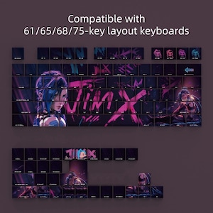 May include: Custom keyboard keycaps with a Jinx theme, featuring a dark background with pink and blue accents. The keycaps are designed for 61/65/68/75-key layout keyboards, with Jinx artwork on the keys.