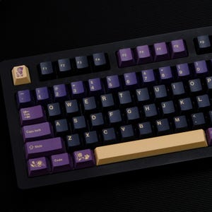 Pode incluir: Uma foto em close-up de um teclado mecânico preto com teclas roxas e bege. As teclas estão dispostas em um layout QWERTY padrão. O teclado tem um design elegante e moderno, com foco na estética e funcionalidade.
