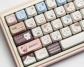 Sea Salt Cat Keycap Set – 140 Keys PBT MAO Profile, Cat-Inspired Colorway, Mechanical Keyboard Keycaps, Whimsical Feline Style