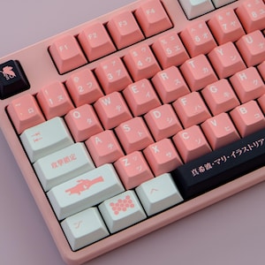 Japanese Anime EVA Unit-08 Keycap Set, 148 PBT Cherry Profile Keys, Pink Mecha Design, Red & Magenta Colorway, Custom Keyboard