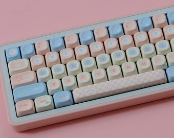 Dreamy Cat Keycap Set – 126 Keys PBT MOA Profile, Pastel Pink & Blue, Mechanical Keyboard Keycaps, Artisan Style, Fantasy Aesthetic