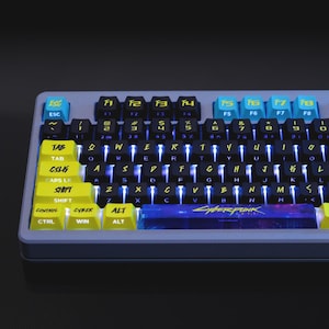 Cyberpunk Keycaps, Dual Legends (Top + Side Print), 148 Keys PBT Cherry Profile, Neon Aesthetic, Artisan Mechanical Keycaps