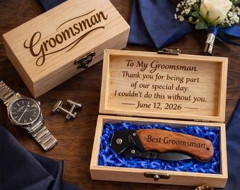 Personalized Groomsmen Knife Gift, Custom Engraved Pocket Knife with Wooden Box, Best Man Gift, Groomsman Gift, Wedding Party Gift for Him