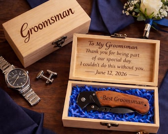 Personalized Groomsman Knife Gift, Engraved Wooden Box Set, Wedding Party Keepsake