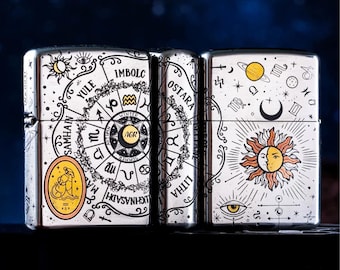 Zodiac Engraved Metal Lighter, Astrological Sun Moon Design