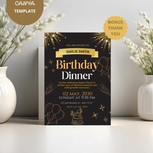 Modelo de convite digital para jantar de aniversário, convite black tie glam, convite moderno para homens e mulheres, download instantâneo, cartão eletrônico autoeditável