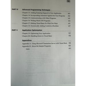 Może przedstawiać: Strona z książki z tytułami &bdquo;Zaawansowane techniki programowania&rdquo; i &bdquo;Optymalizacja aplikacji&rdquo;. Strona zawiera rozdziały i numery stron, w tym &bdquo;Dodawanie obsługi skrypt&oacute;w&rdquo; i &bdquo;Obsługa błęd&oacute;w w Visual Basic&rdquo;.
