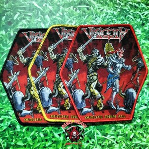 May include: Three hexagonal embroidered patches featuring the Visigoth logo at the top and the text Outlive Them All at the bottom. The artwork depicts armored warriors in a battle scene against dark creatures on a vibrant red background.