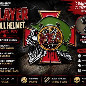 May include: An enamel pin featuring a white skull wearing a green helmet, centred over a red cross. The design includes the Slayer logo in red and yellow, with black dripping details. The back of the pin shows two metal posts with butterfly clutches.